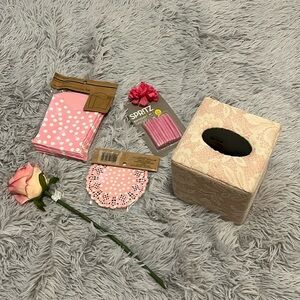 party @ decor 8 piece box and 50 piece doilies w/ 20 candles @ pink Kleenex box